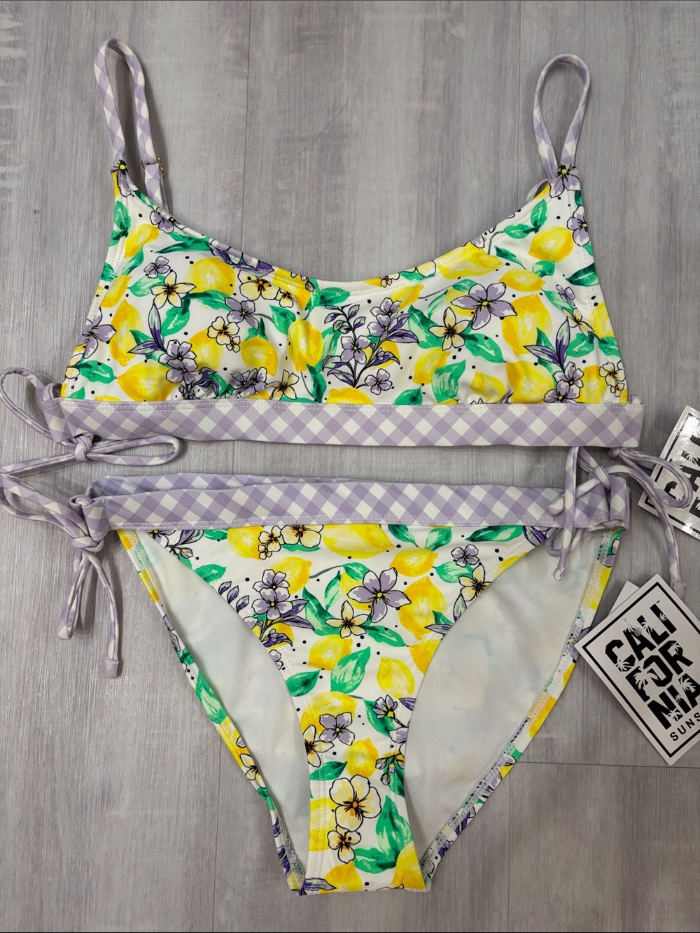 California Sunshine 2 Piece Floral Lemon Bikini Set with Lavender Gingham Trim